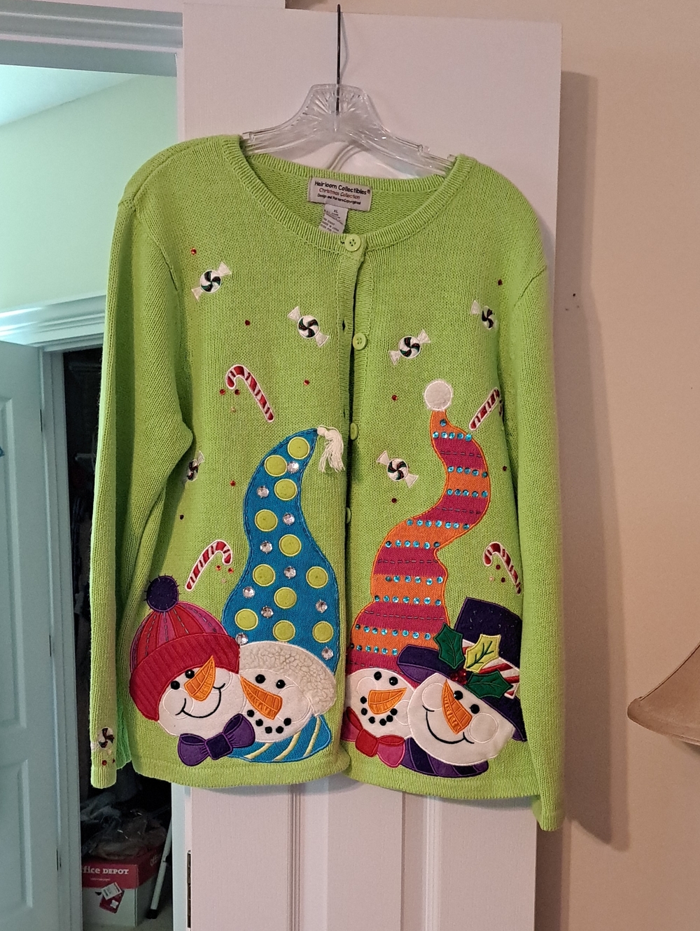 Lime Green Holiday Snowman Appliqué Cardigan Sweater